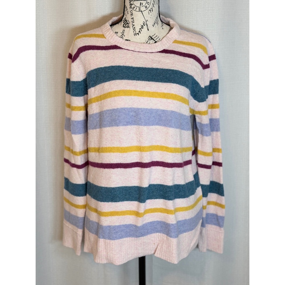 J. Crew Crewneck Sweater Preppy Pink Blue Striped Wool Blend Size XL